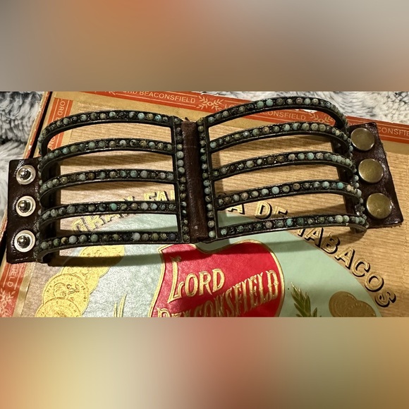 EUC by Rebel Designs. 5-Bar, Metal, African Turquoise, Vintage Leather, Bracelet - Picture 8 of 11